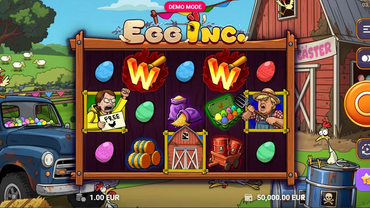 Tampilan visual slot Egg Inc. dengan tema peternakan kartun dan elemen pemberontakan.