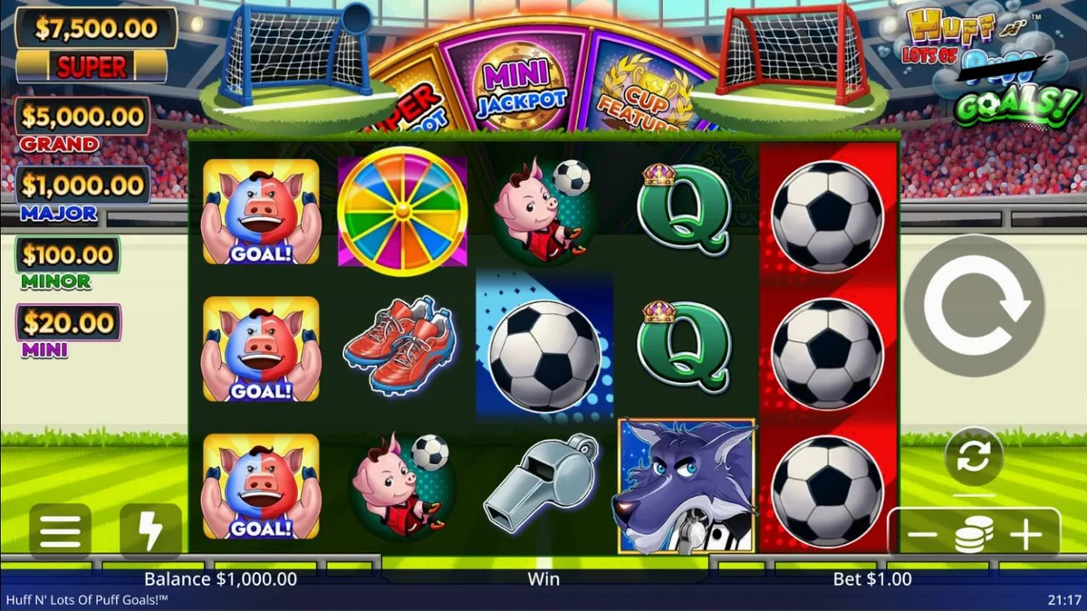 Tampilan visual slot Huff N' Lots of Goals dengan tema sepak bola dan babi kecil